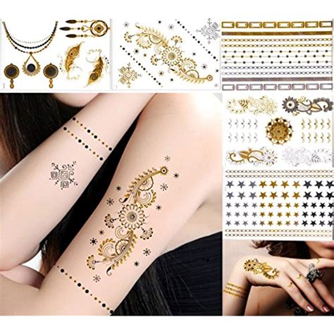 100 metallic temporary tattoos skin body art 5 sheets of gold silver and black jewelry tattoo