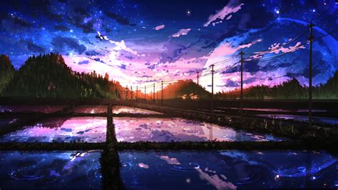 Beautiful Sunrise Clouds Scenery Paddy Field Anime 4k 113