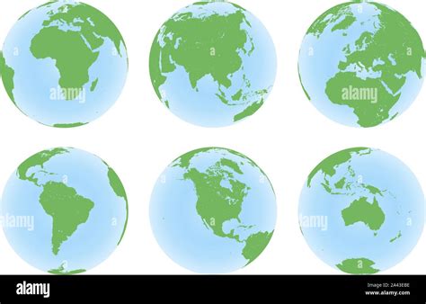 Set Of Six Planet Earth Globes With Green Land Map Stock Vector Image