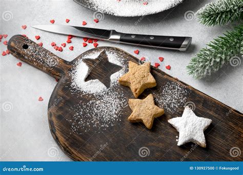 Cookies In Powdered Sugar On Christmas Table Stock Photo Image Of