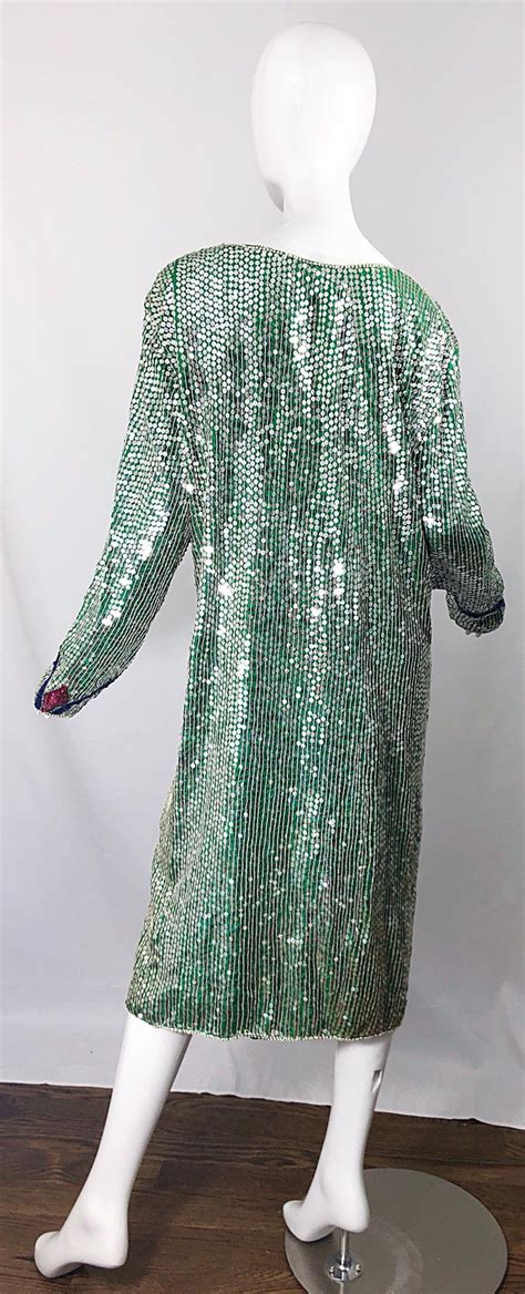 Amazing Late 1970s Plus Size Kelly Green Sequined Vintage 70s Long
