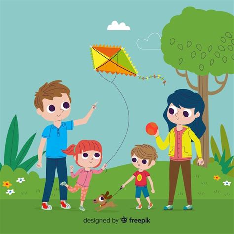 Familia En El Parque Dibujada A Mano Vector Gratis