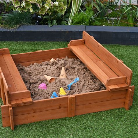 Kids Non Allergenic Pre Treated Wooden Sandpit With Lid And Seats