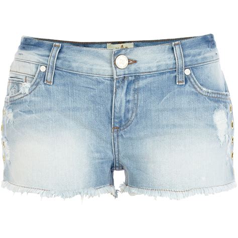 River Island Light Wash Eyelet Embellished Denim Shorts In Blue Denim