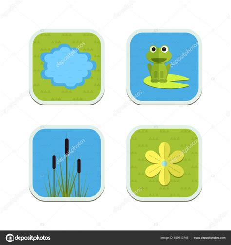 Cartoon Vector Garden Pond Icons With Water Plants And Animals Stock