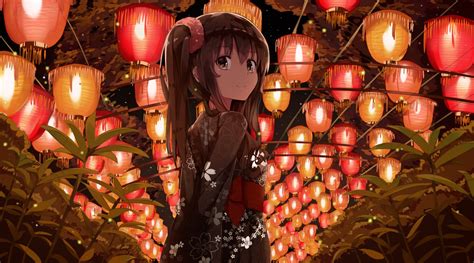 Brown Eyes Japanese Clothes Yukata Festivals Niii Brunette Kimono Lantern Anime Girls