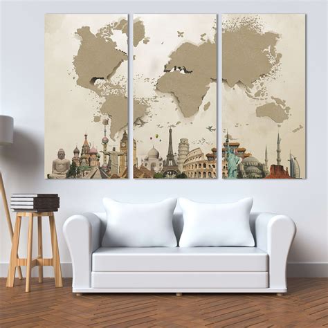 Beiged Effect World Map Canvas Art Wall Decor 3 Piece Canvas Prints