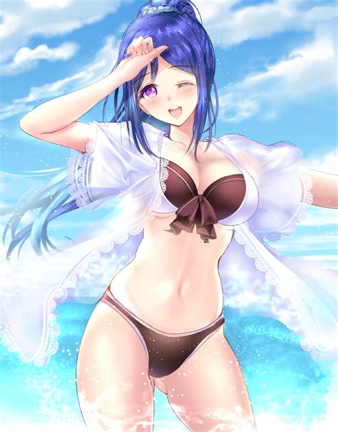 wallpaper bikini swimwear anime girls blue hair belly long hair 1406x1800 jabbabudah
