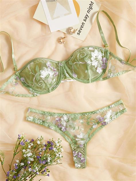mint green collar mesh fabric floral sexy sets embellished slight stretch women intimates