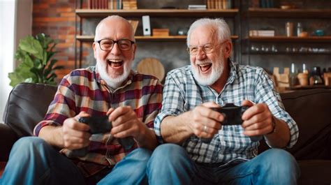 Premium Photo Two Older Men Enjoying Video Game