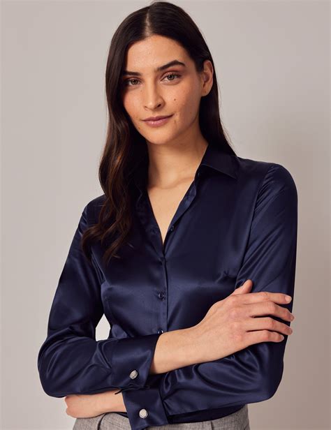 women s navy fitted satin shirt double cuff hawes and curtis