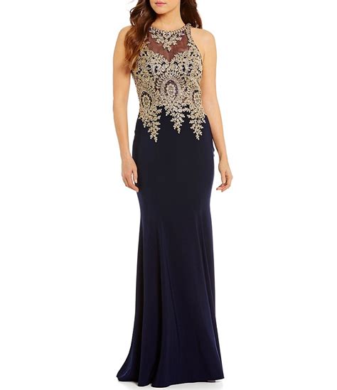 Xscape Illusion Neck Embroidered Lace Gown Dillards