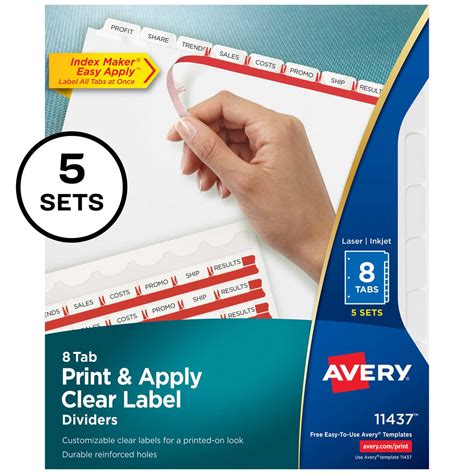 Avery 8 Tab Print Apply Clear Label Dividers 5 Sets 11437