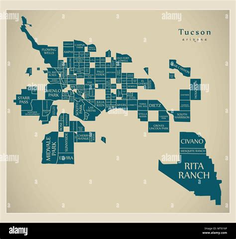 Modern City Map Tucson Arizona City Of The Usa With Neighborhoods And