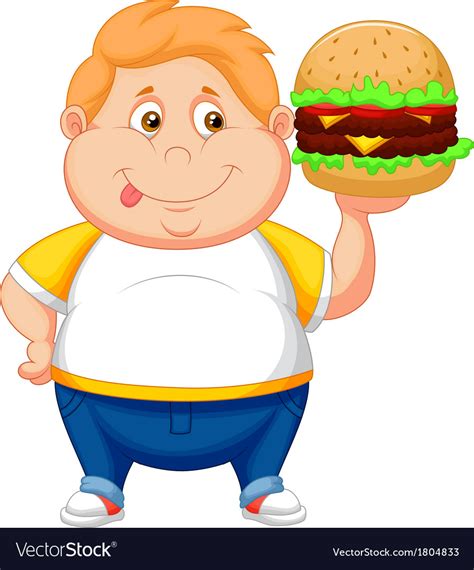 Fat Boy Cartoon Smiling And Ready To Eat A Big Ham