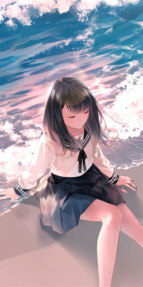 1080x2160 Anime Girl Sitting Waves School Uniform 4k One Plus 5thonor