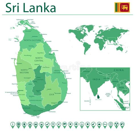 Sri Lanka Detailed Map And Flag Sri Lanka On World Map Stock Vector