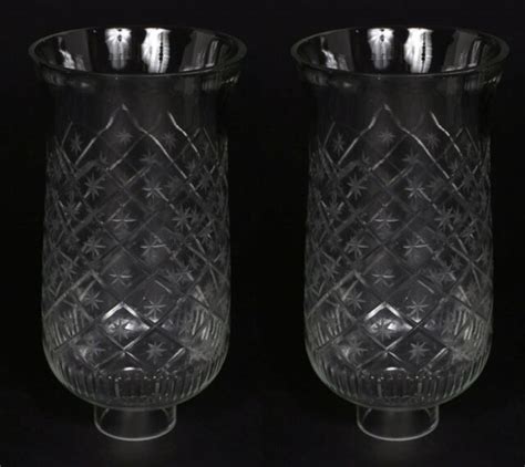 Hurricane Shades Pair Clear Glass Star Cut Etching Candle Holders 4dia