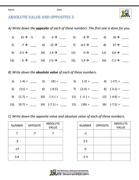 Absolute Value 6th Grade Worksheets
