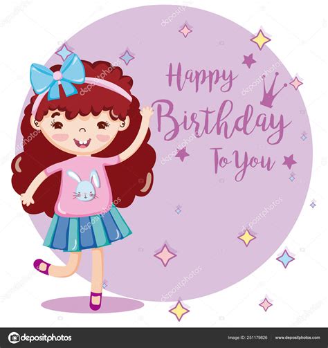 Happy Birthday You Card Beautiful Girl Cartoon Vector Illustration