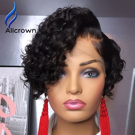 Alicrown Short Curly Pixie Cut Wig For Women Density Brazilian Lace Front Human Hair Wigs