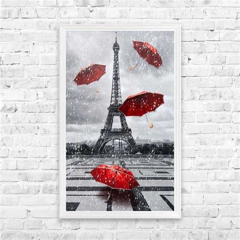 Red Umbrellas At The Eiffel Tower Paris Framed Wall Art By Shh