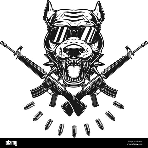 Angry Dog Head With Crossed Assault Rifles Design Element For Poster