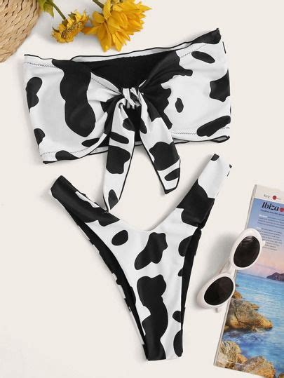 Cow Pattern Knot Front Bandeau Bikini Set Bandeau Bikini Set Bikini