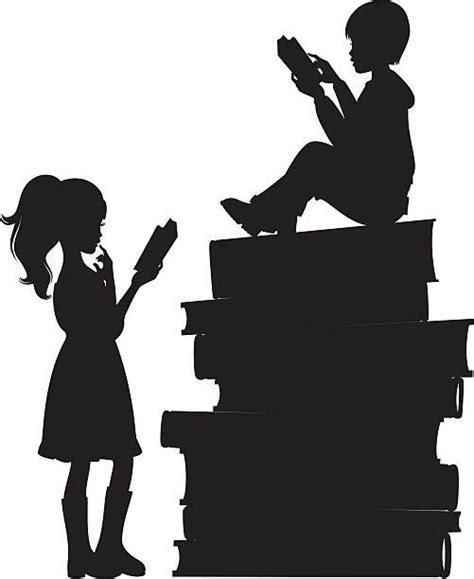 Kids Reading Vector Art Illustration Book Silhouette Kids Silhouette