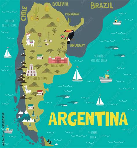 Illustration Map Of Argentina With Nature Animals And Landmarks