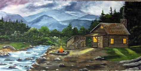 Acrylic Paintingcanvas Paintingcabin Log Cabin Mountains Landscape