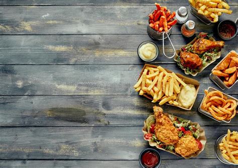 Delicious Fast Food On Wooden Table Stock Image Image Of Ketchup