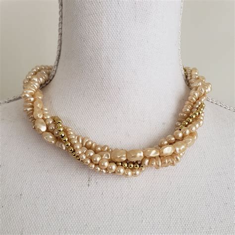 S Torsade Three Strand Twisted Gold Tone Necklace Vintage Rice Pearl Gold Beaded Choker By