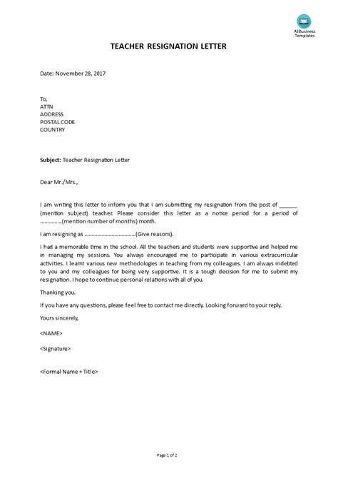 Teacher Resignation Letter With Notice Period Templates At