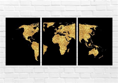 World Map Set Of 3 Black And Gold Wall Art World Map Wall Art Etsy