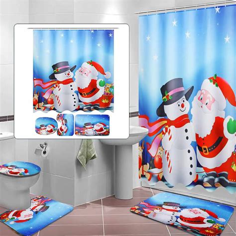 Bath Mat Set Rug Lid Santa Christmas Waterproof Shower Curtain Pc Non