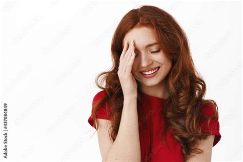 Beautiful Ginger Girl Cover Face And Blushing Smiling Romantic Laughing Silly And Cute