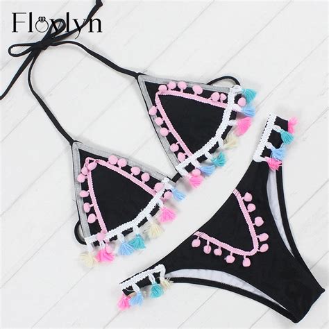 Floylyn Hand Woven Colorful Tassels Thong Bikinis Set Summer Beach Push