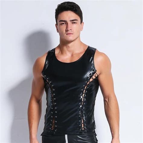 Solid Black Faux Leather Men S Tight Sexy Vest Sexy Leather Tank Tops Undershirt Vest Sleeveless