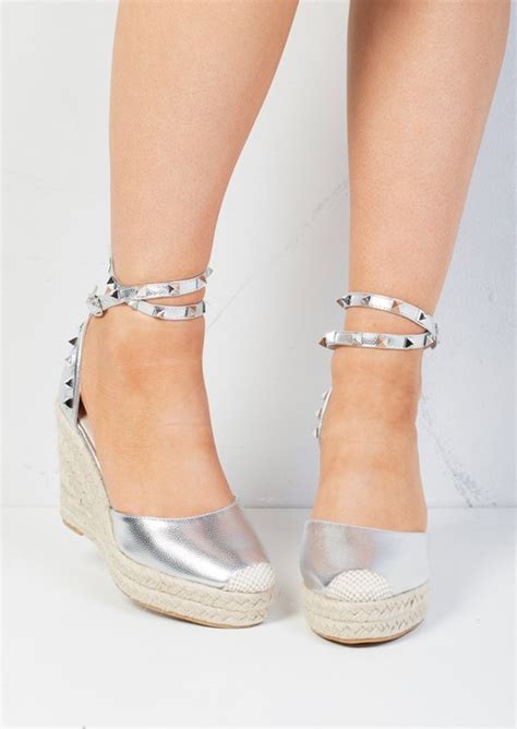 Studded Espadrille Wedge Sandals Silver