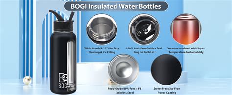 Bogi Insulated Water Bottles 32oz Double Wall Vacuum Stainless Steel Water Bottles With 3 Lids