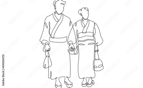 One Continuous Linejapanese Man And Woman Character In Traditional