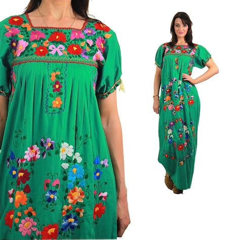 mexican dress embroidered dress maxi oaxacan by shabbybabevintage