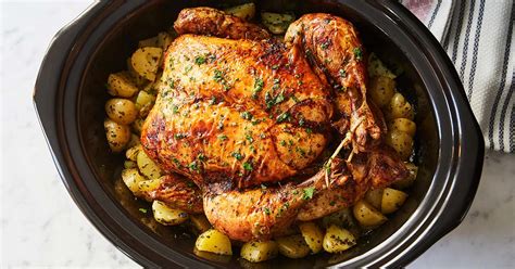 Remove from heat, let sit for 5 minutes to cool and enjoy! Slow-Cooker Whole Chicken with Potatoes - PureWow