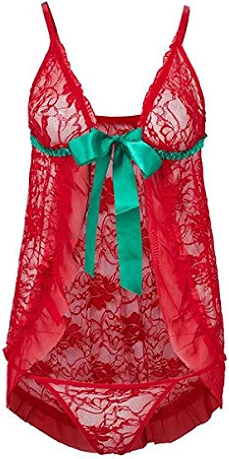 Plus Size Sexy Red Lace Green Bow Open Front Honeymoon Strawberry