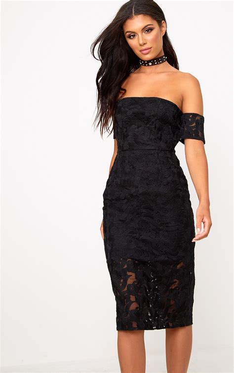 Black Lace Bardot Midi Dress Dresses Prettylittlething