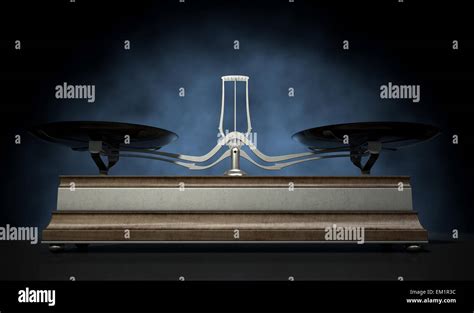 An Empty Old Metal And Wood Two Pan Balance Scale On An Isolated Black