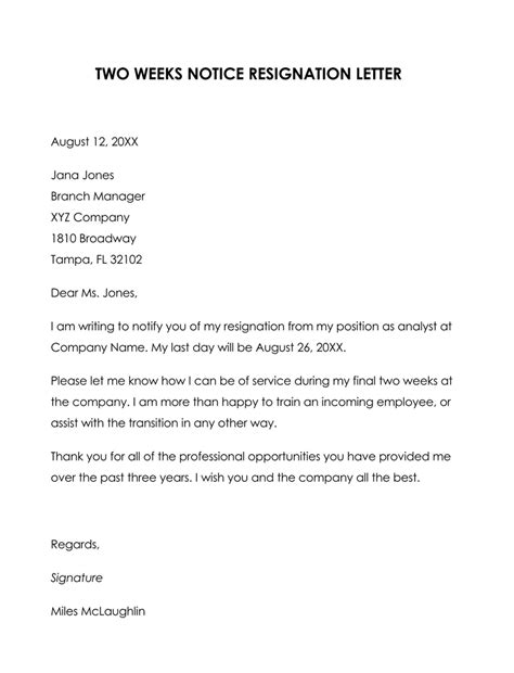 Two Weeks Notice Resignation Letter 14 Examples Samples