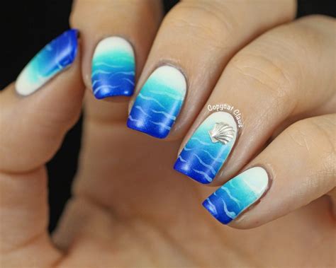 Blue Ombre Gradient Nail Art Diy Seashell Nails Beach Nail Designs