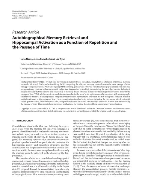 Pdf Autobiographical Memory Retrieval And Hippocampal Activation As A